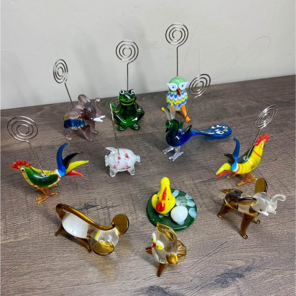 Hand Blown Art Glass Animals Note Holder Figurine, Colorful Blown Glass Assorted